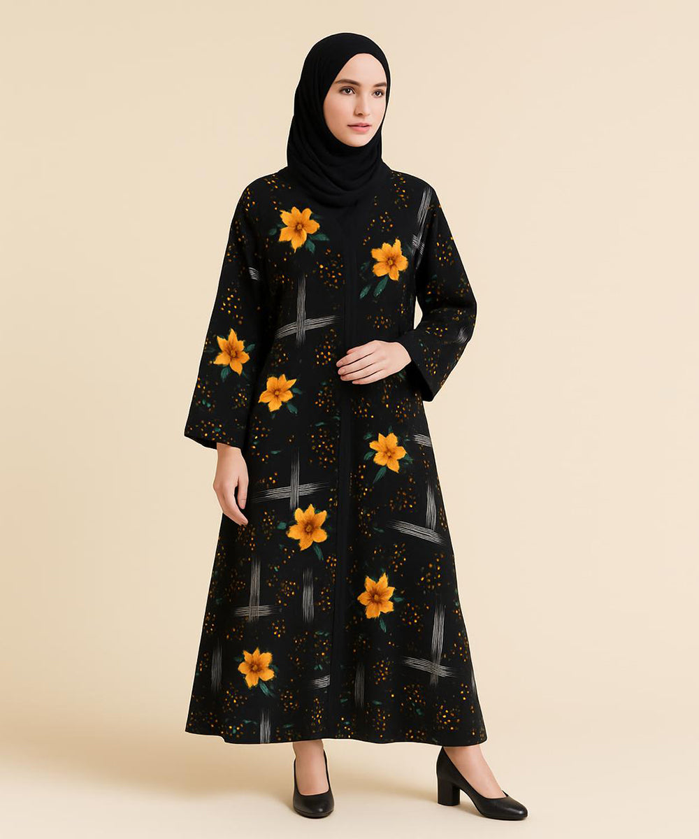 Front Open Abaya Black w Multicolor Abstract Brushstroke Pattern