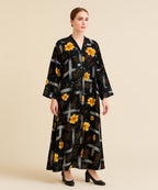 Front Open Abaya Black w Multicolor Abstract Brushstroke Pattern