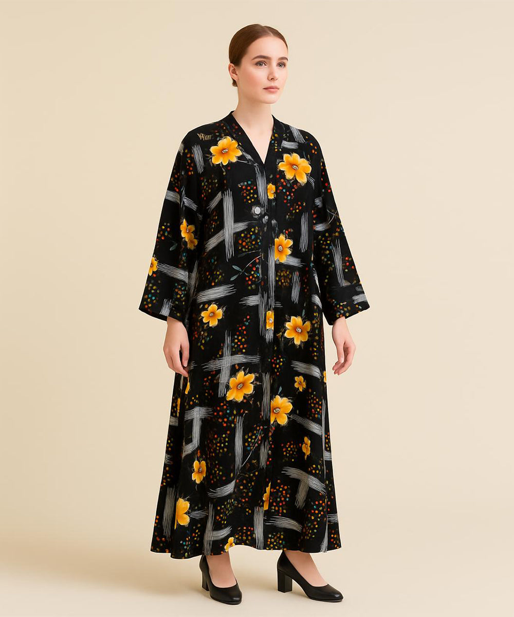 Front Open Abaya Black w Multicolor Abstract Brushstroke Pattern