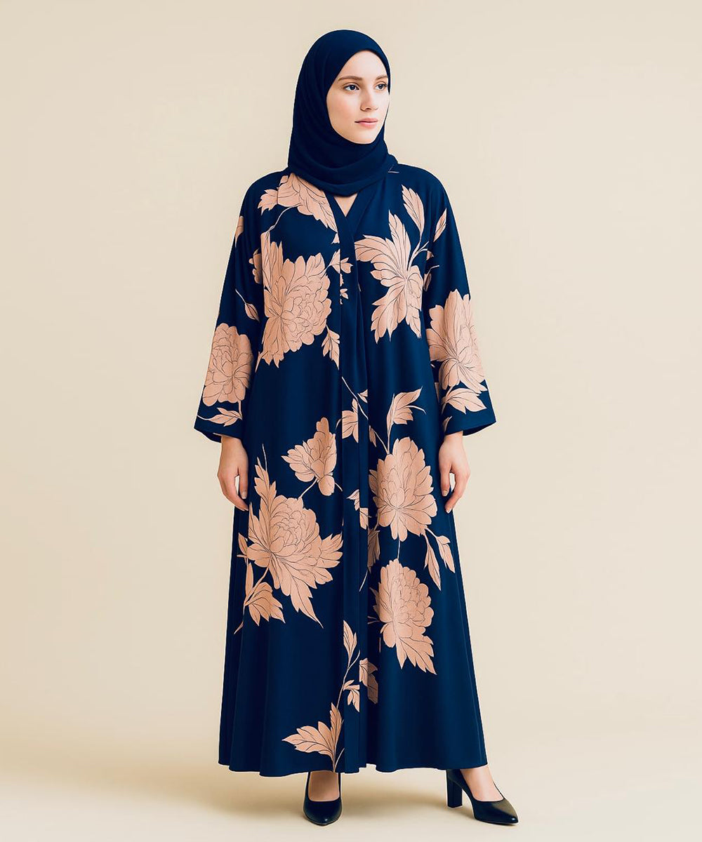 Front Open Abaya Large Peach Floral Motifs (Front & Back)