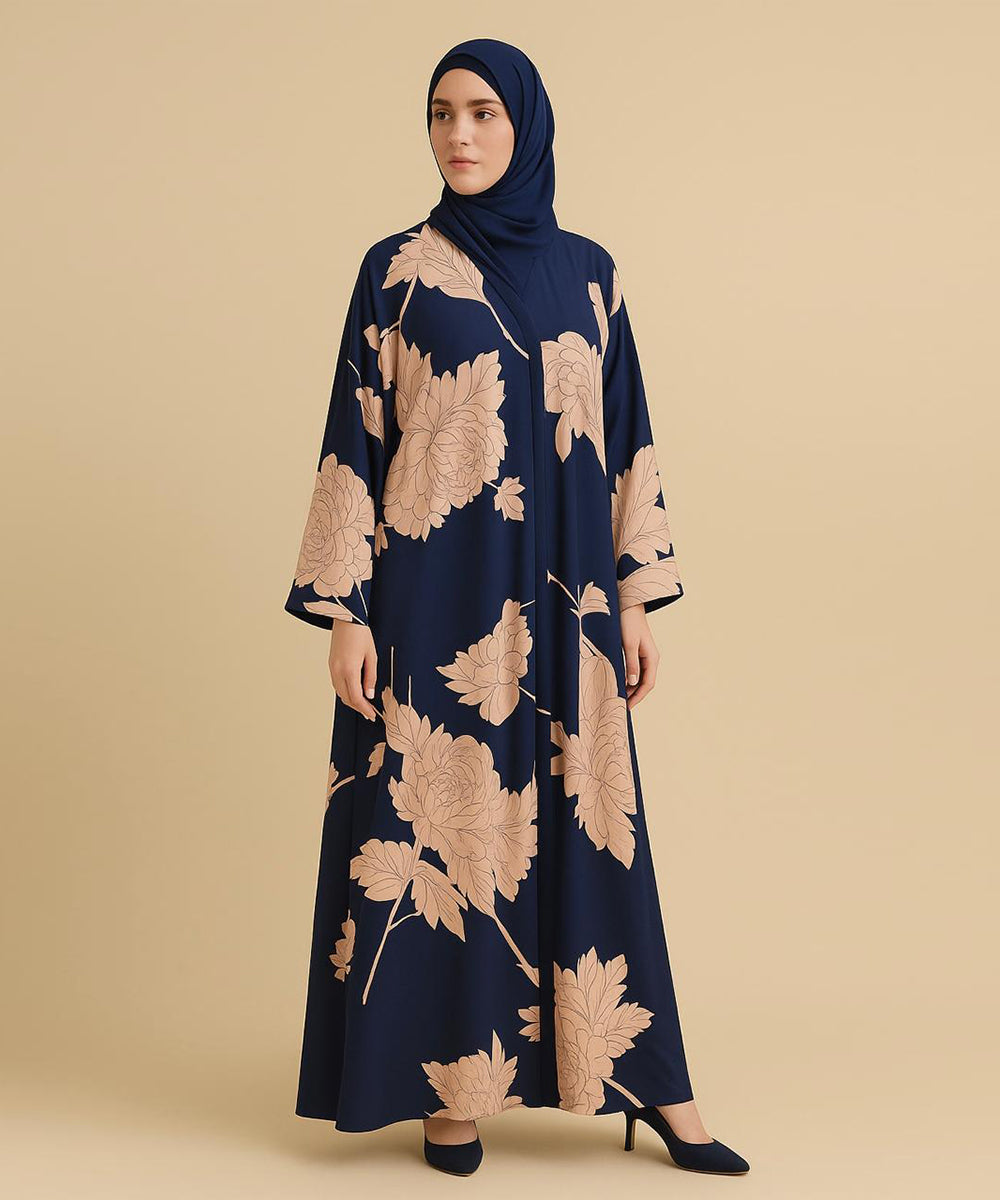 Front Open Abaya Large Peach Floral Motifs (Front & Back)
