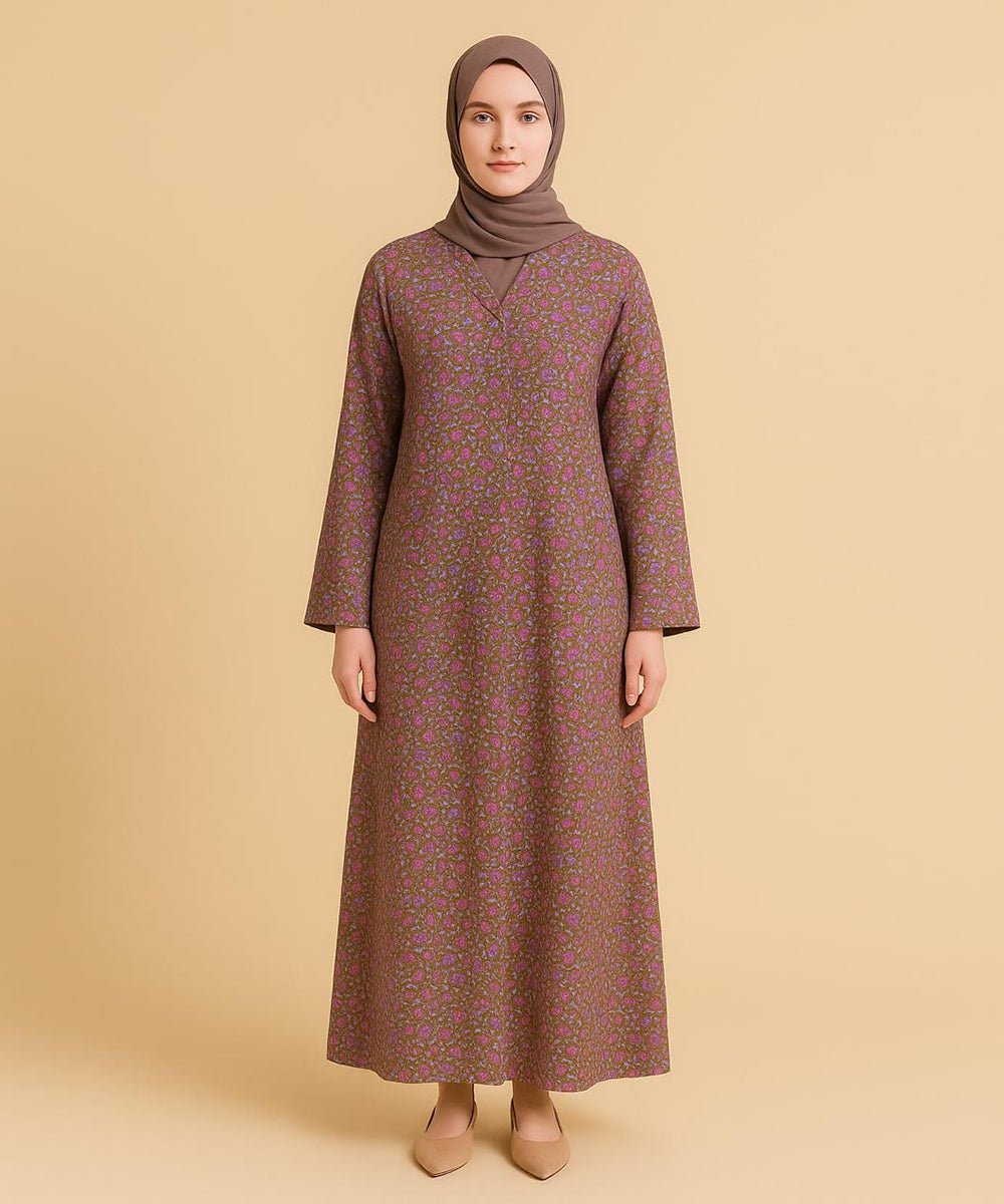 Front Open Abaya Olive-Brown Base w Vibrant Floral Design