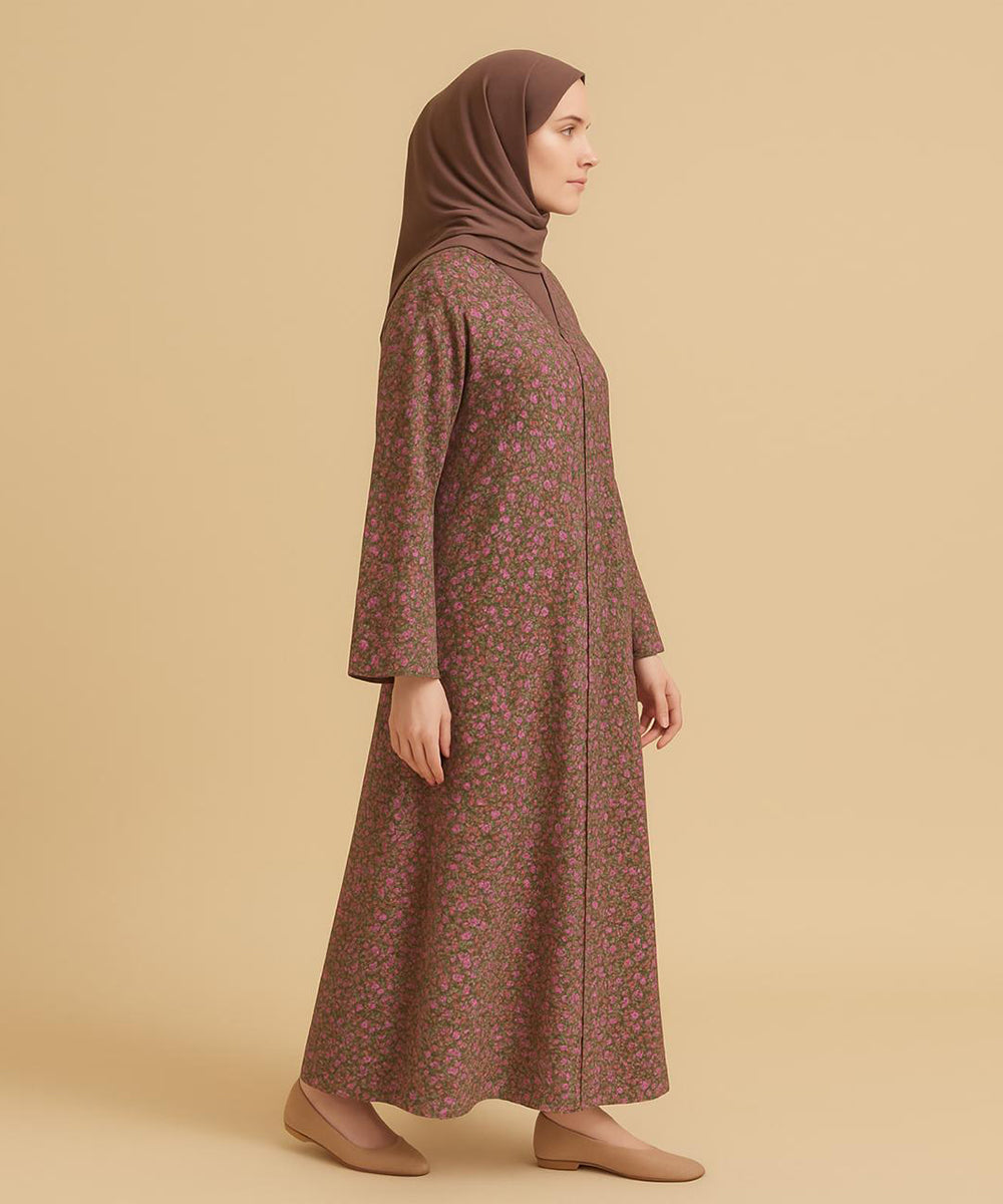 Front Open Abaya Olive-Brown Base w Vibrant Floral Design
