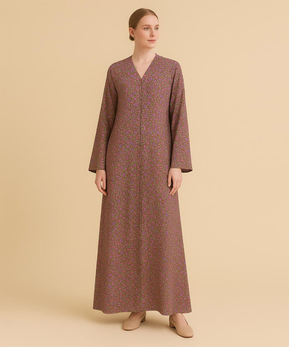 Front Open Abaya Olive-Brown Base w Vibrant Floral Design
