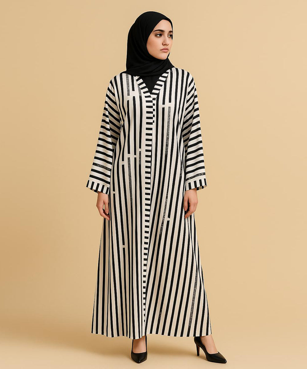 Front Open Abaya White w Bold Black Stripe
