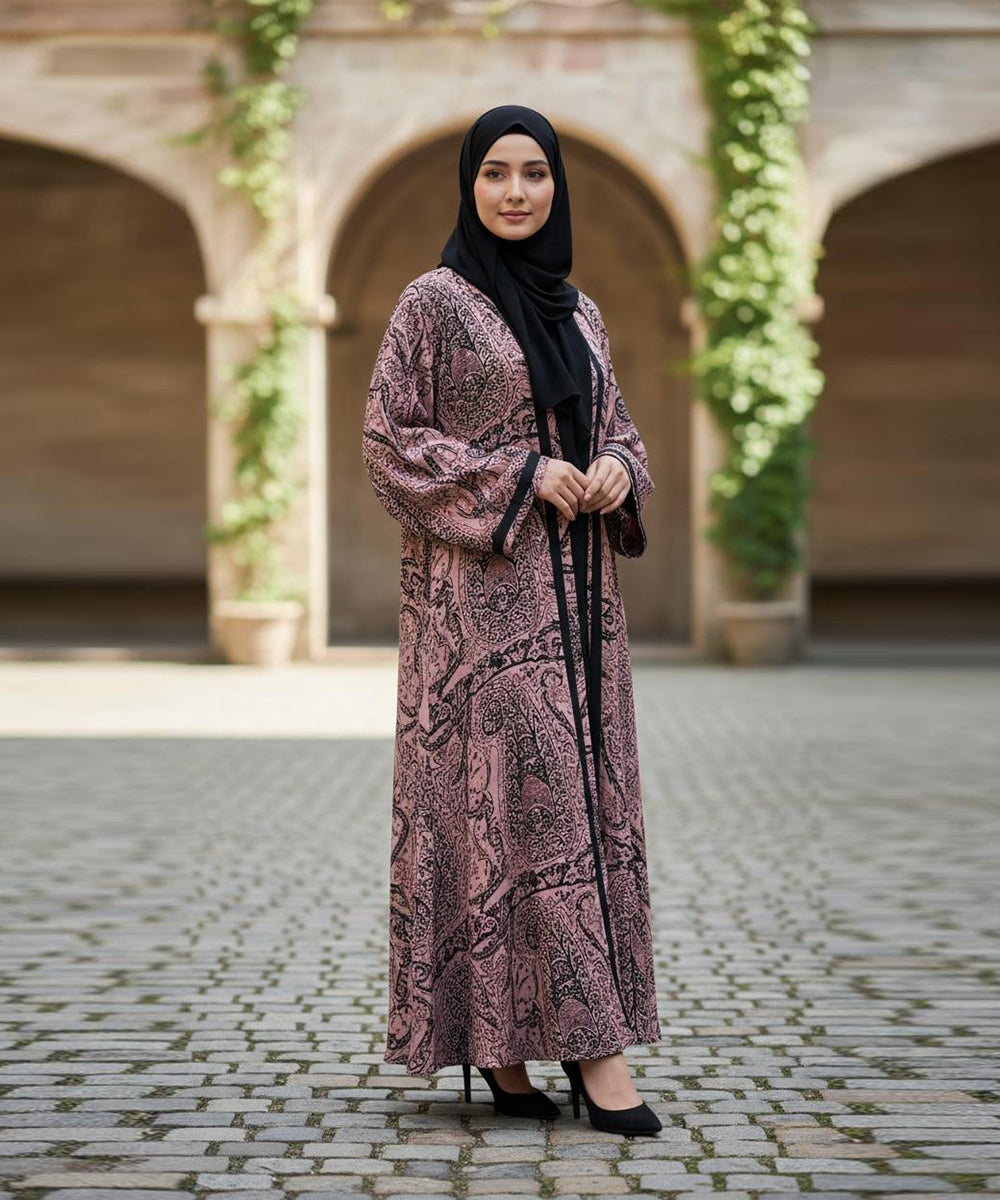 Front Open Abaya With Stoller & Niqab Soft Pink w Black Patterns