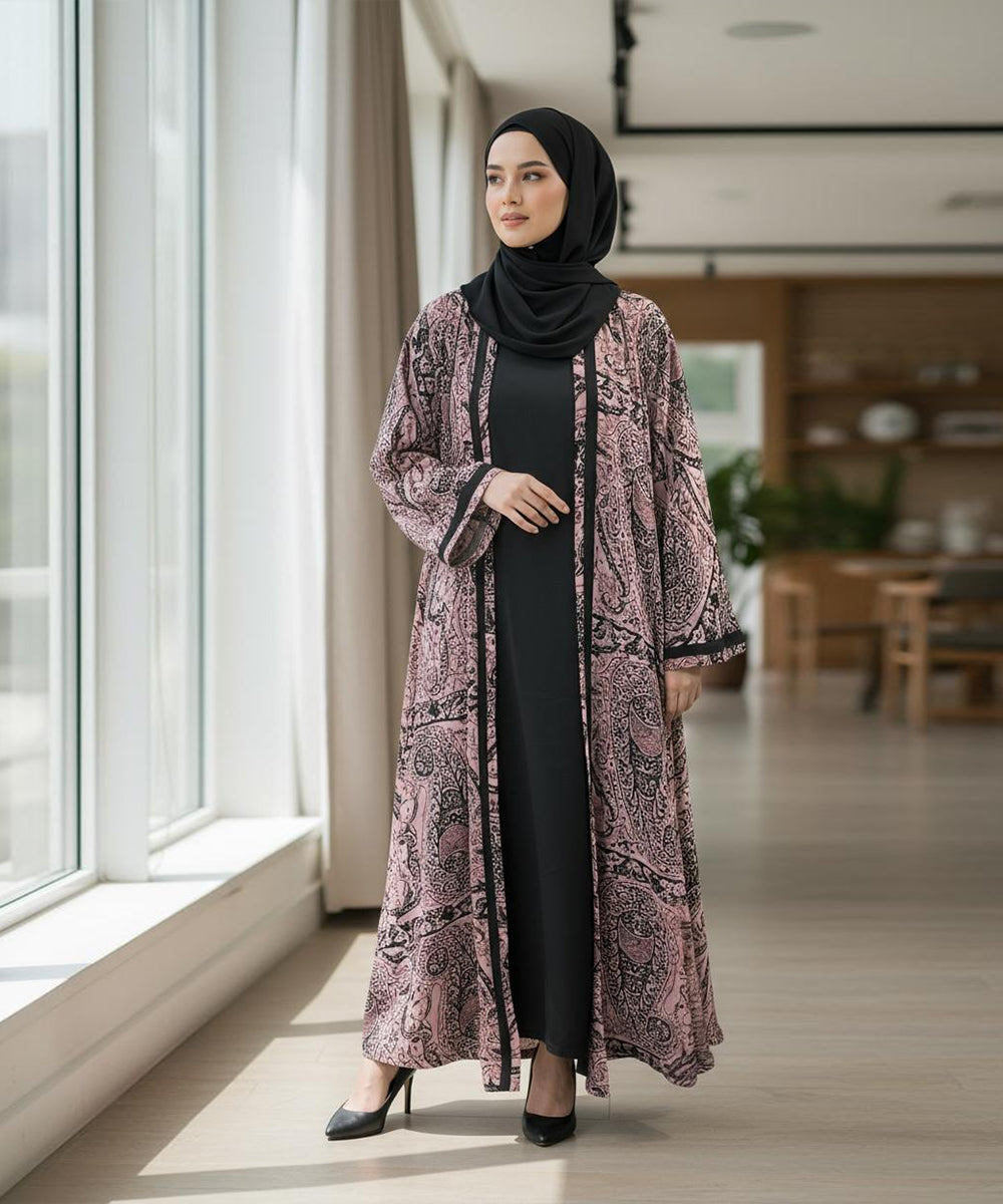 Front Open Abaya With Stoller & Niqab Soft Pink w Black Patterns