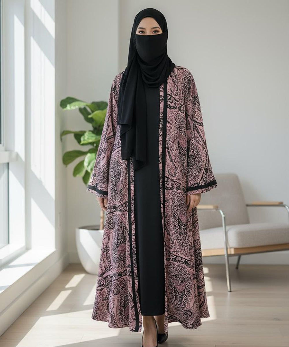 Front Open Abaya With Stoller & Niqab Soft Pink w Black Patterns