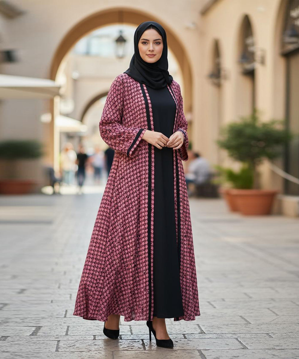 Front Open Abaya w Stoller & Niqab Rich Maroon-Pink Geometric Pattern