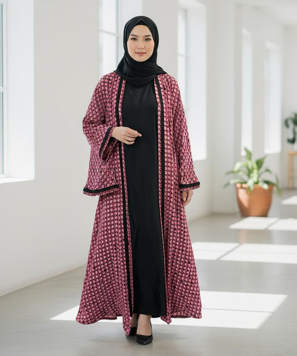 Front Open Abaya w Stoller & Niqab Rich Maroon-Pink Geometric Pattern