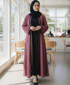 Front Open Abaya w Stoller & Niqab Rich Maroon-Pink Geometric Pattern