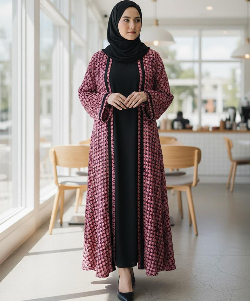 Front Open Abaya w Stoller & Niqab Rich Maroon-Pink Geometric Pattern
