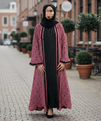 Front Open Abaya w Stoller & Niqab Rich Maroon-Pink Geometric Pattern
