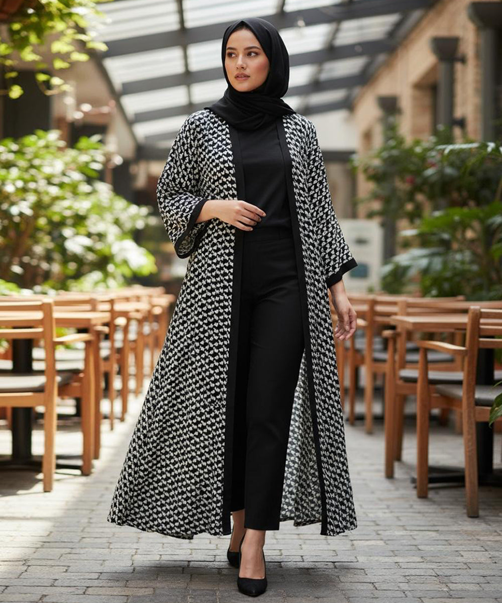 Front Open Abya With Stoller & Niqab Black n white w Geometric Patterned Design