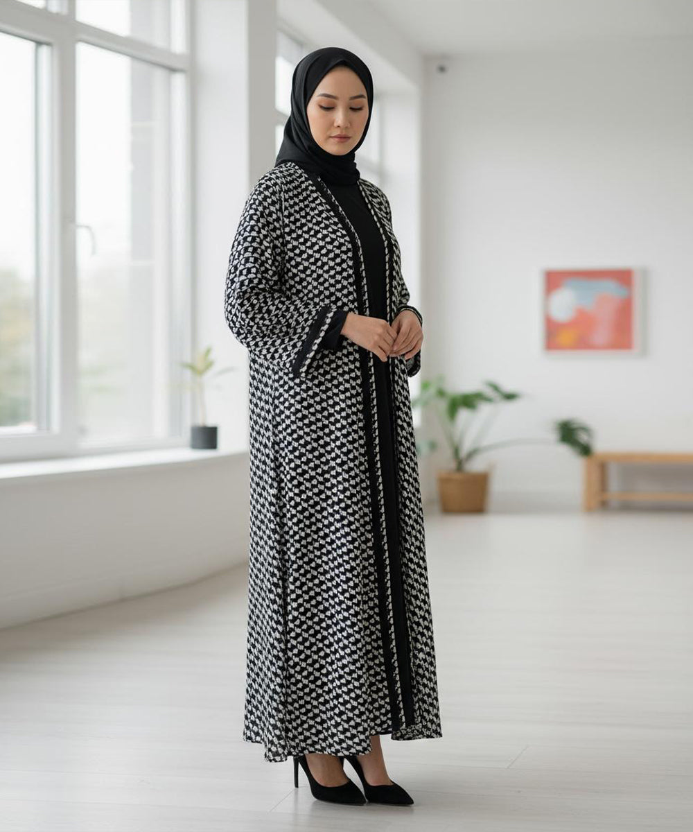 Front Open Abya With Stoller & Niqab Black n white w Geometric Patterned Design