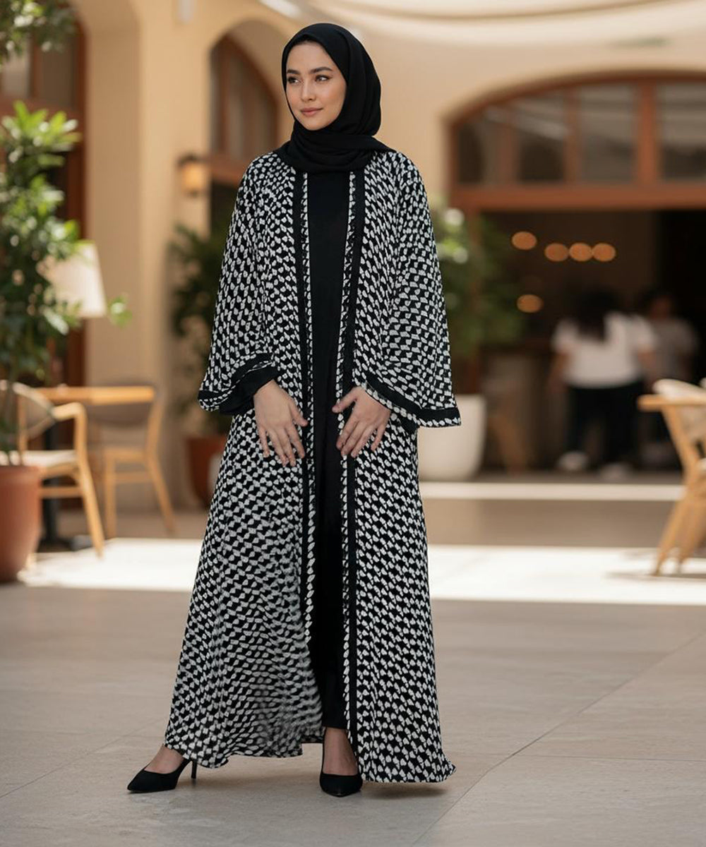 Front Open Abya With Stoller & Niqab Black n white w Geometric Patterned Design