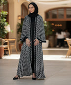 Front Open Abya With Stoller & Niqab Black n white w Geometric Patterned Design