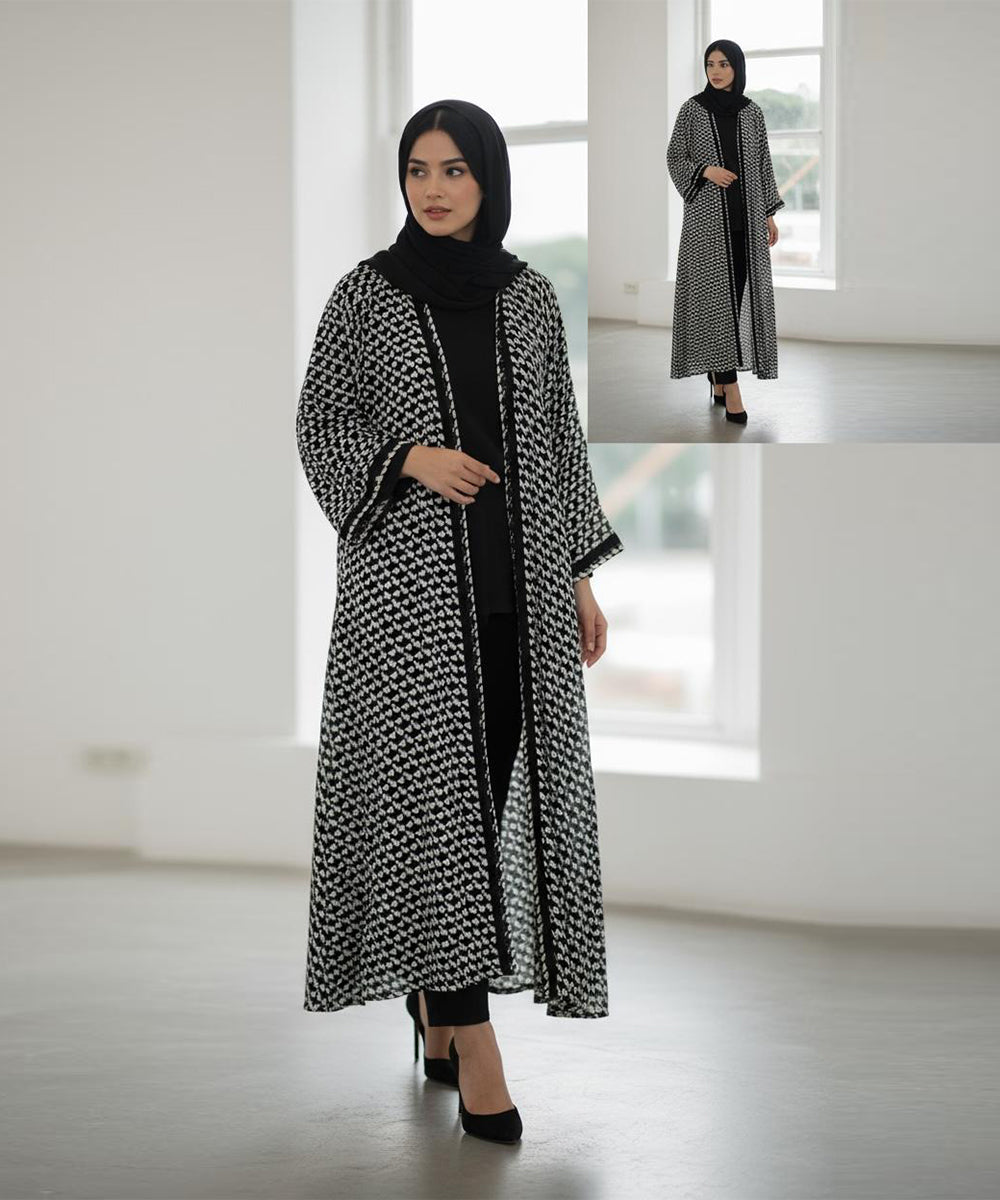 Front Open Abya With Stoller & Niqab Black n white w Geometric Patterned Design