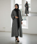 Front Open Abya With Stoller & Niqab Black n white w Geometric Patterned Design