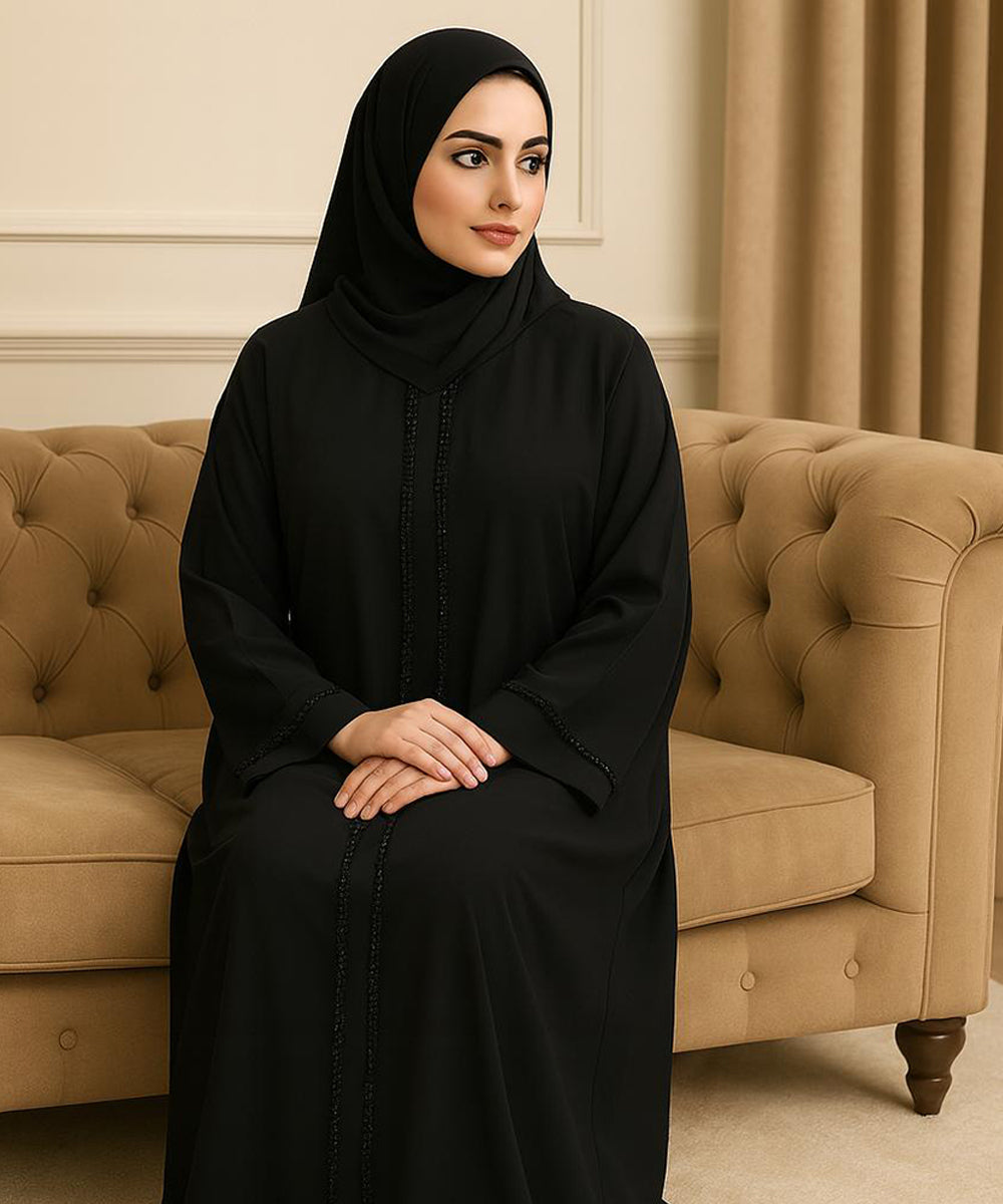 Front Open Abaya (Lace) With Hijab Classic Deep Black