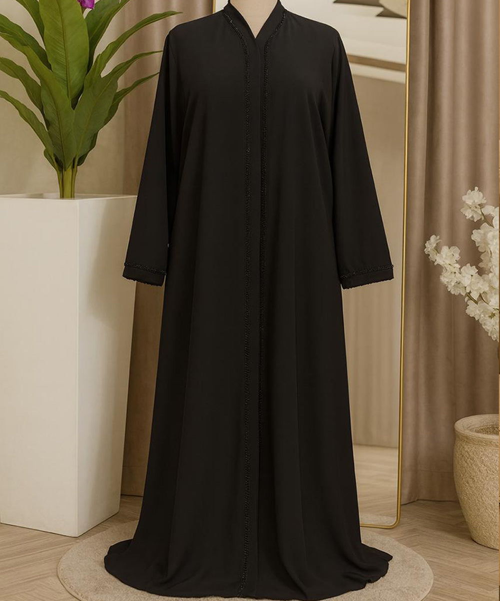 Front Open Abaya (Lace) With Hijab Classic Deep Black