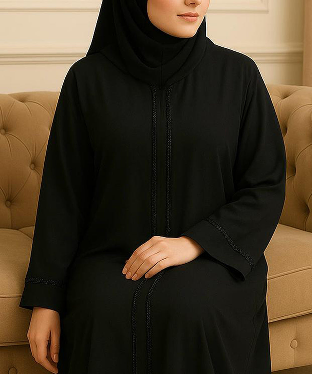 Front Open Abaya (Lace) With Hijab Classic Deep Black