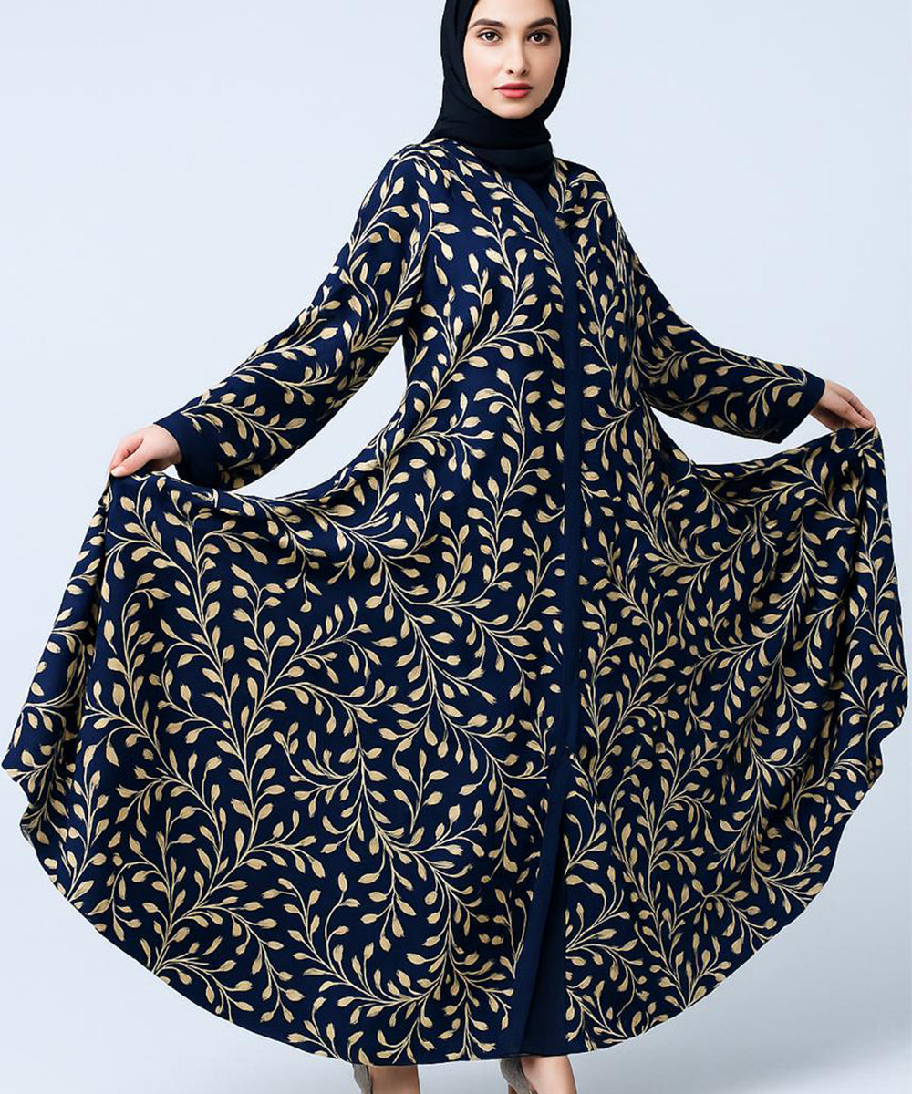 Front Open Printed Abaya Blue