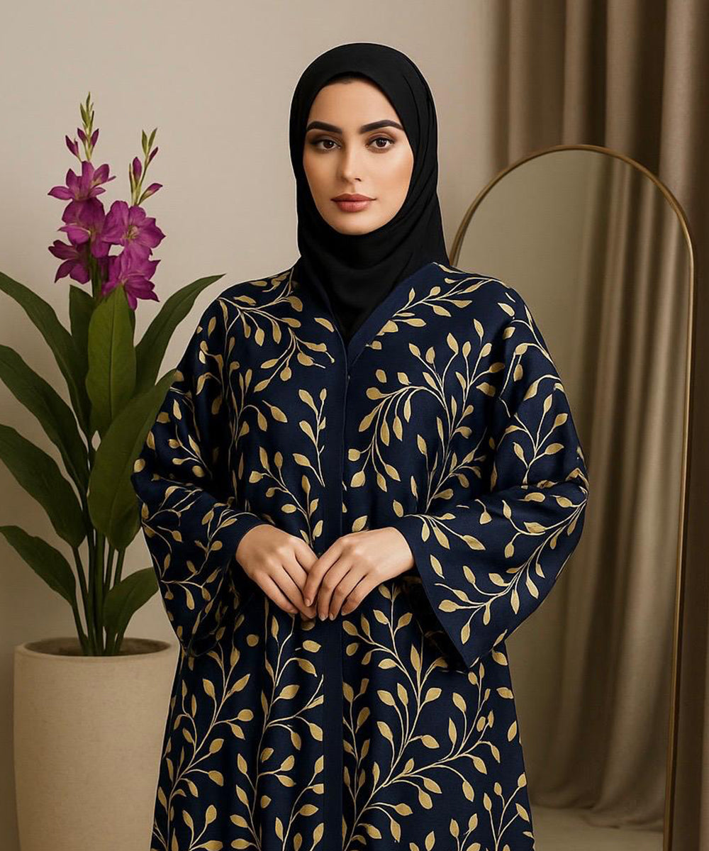 Front Open Printed Abaya Blue