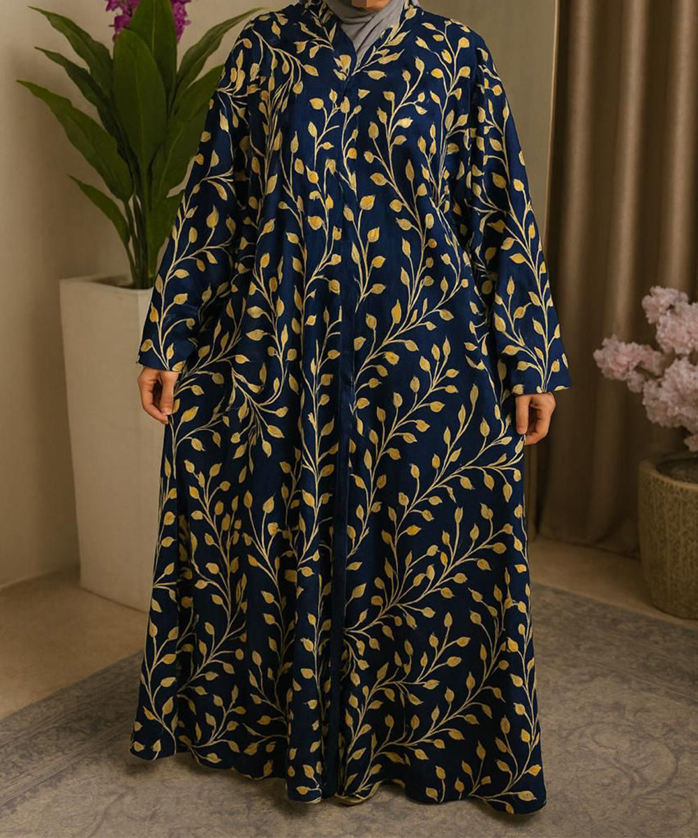 Front Open Printed Abaya Blue