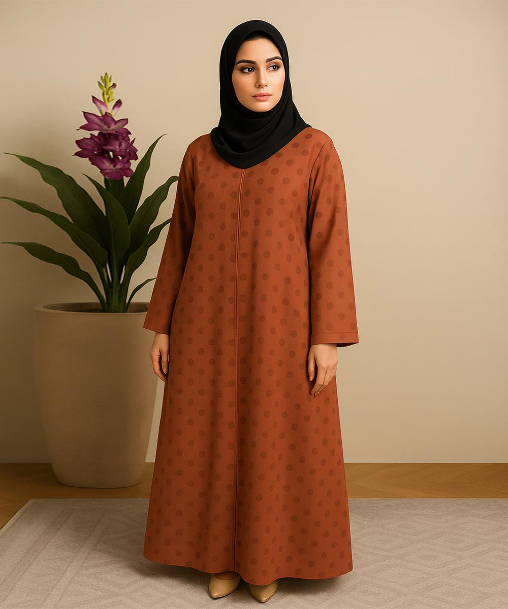 Front Open Printed Abaya Rust