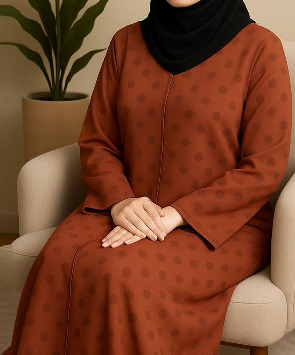 Front Open Printed Abaya Rust