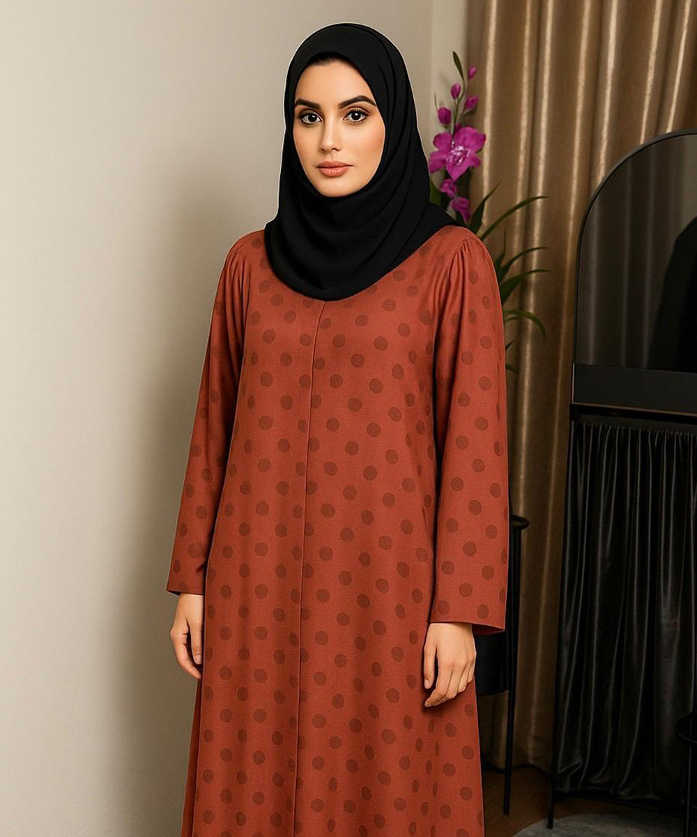 Front Open Printed Abaya Rust