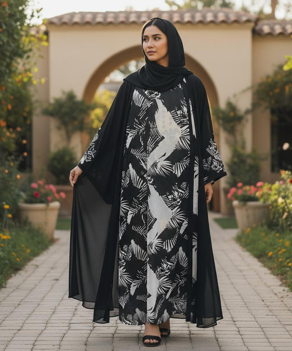 Front Open Printed Inner Abaya With Stoller & Niqab Black
