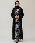 Front Open Printed Inner Abaya With Stoller & Niqab Black