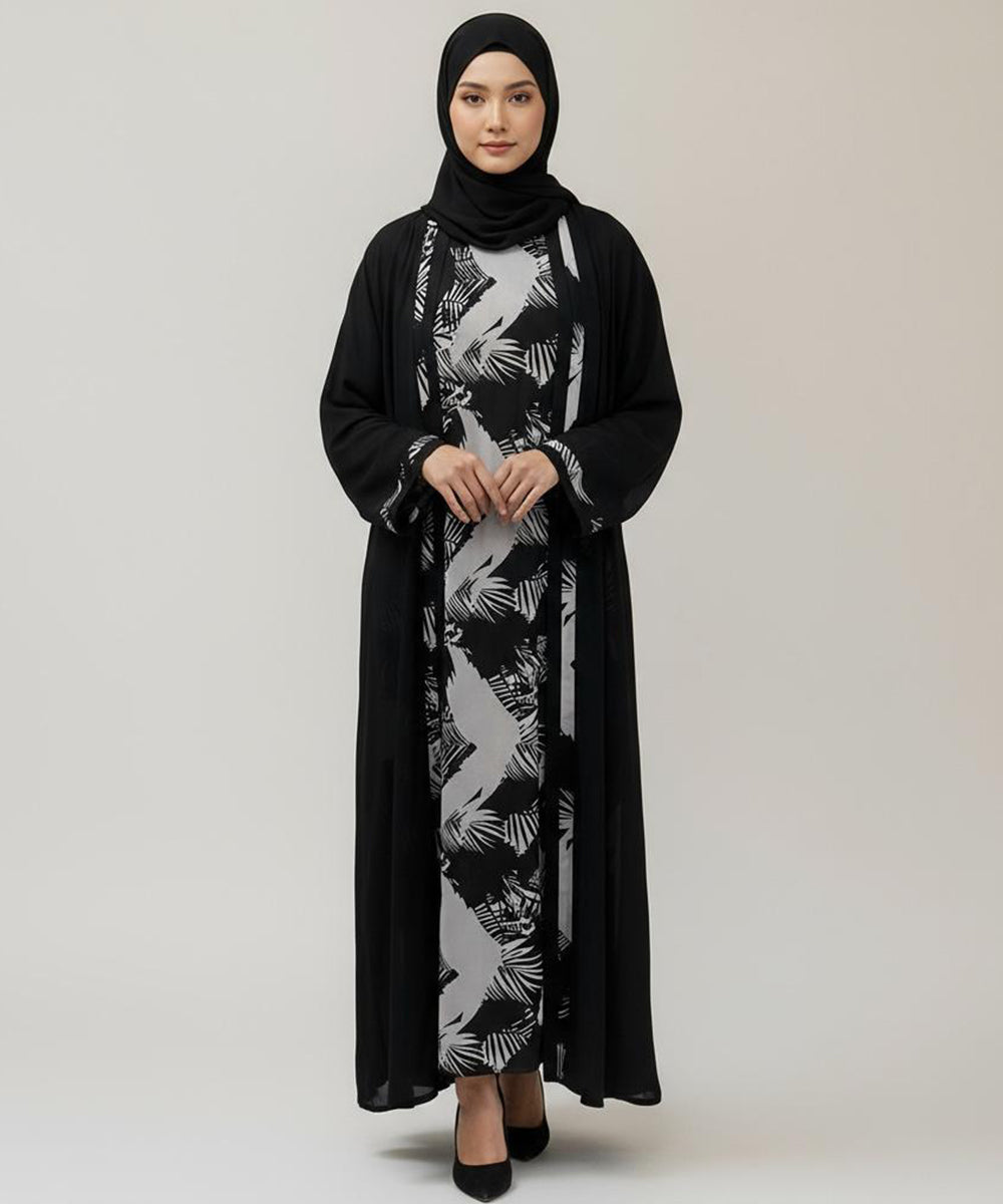 Front Open Printed Inner Abaya With Stoller & Niqab Black
