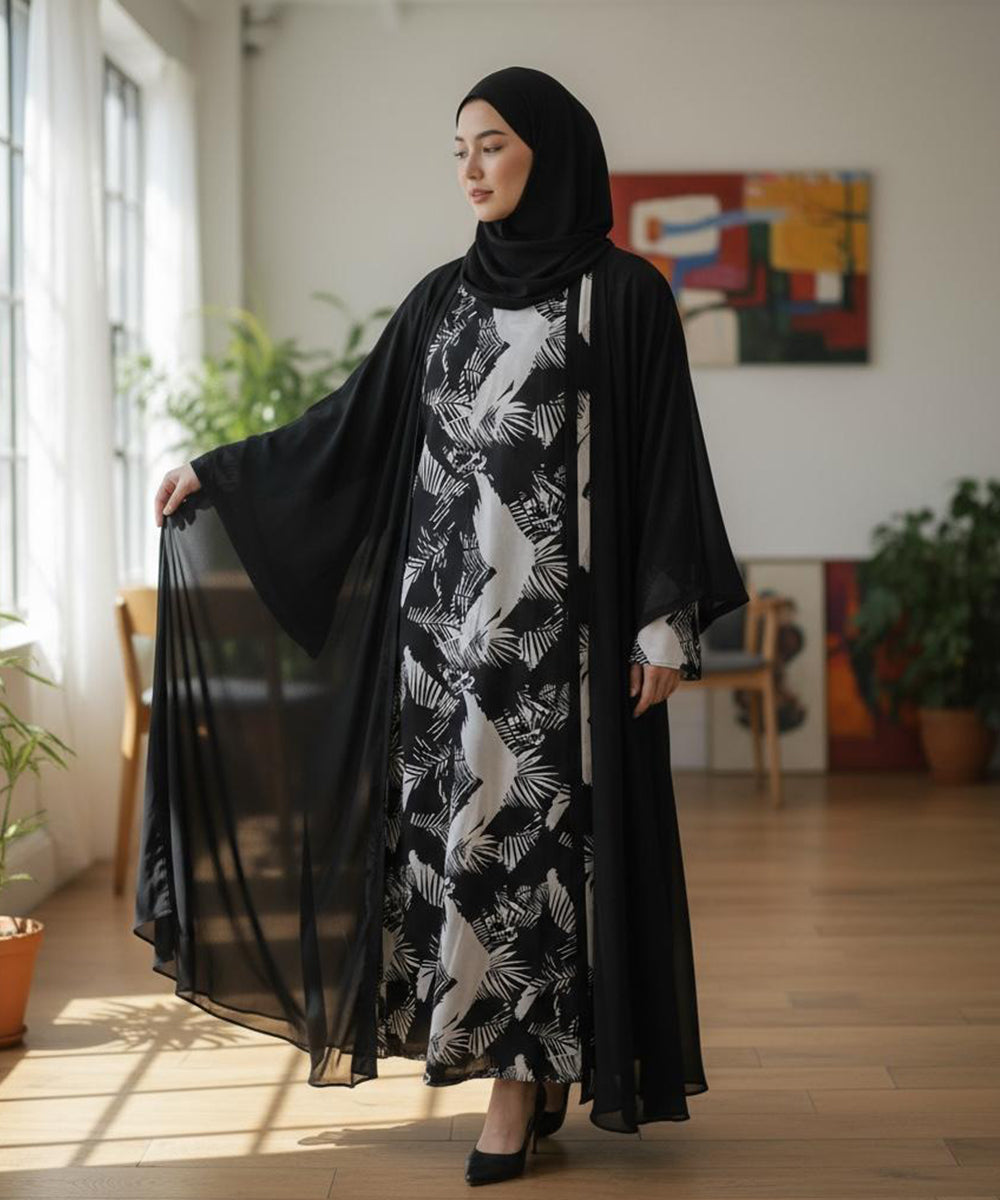 Front Open Printed Inner Abaya With Stoller & Niqab Black