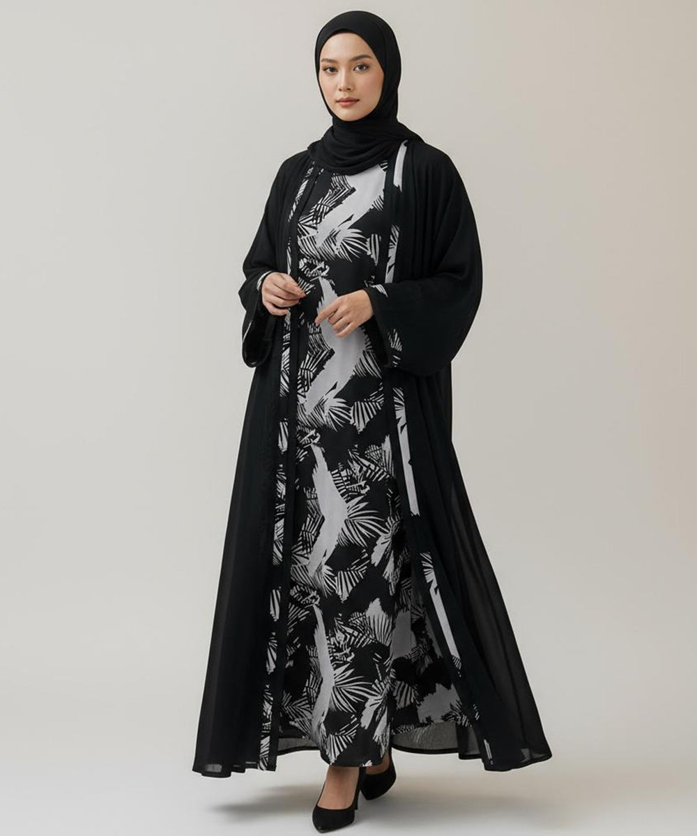 Front Open Printed Inner Abaya With Stoller & Niqab Black