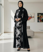 Front Open Printed Inner Abaya With Stoller & Niqab Black