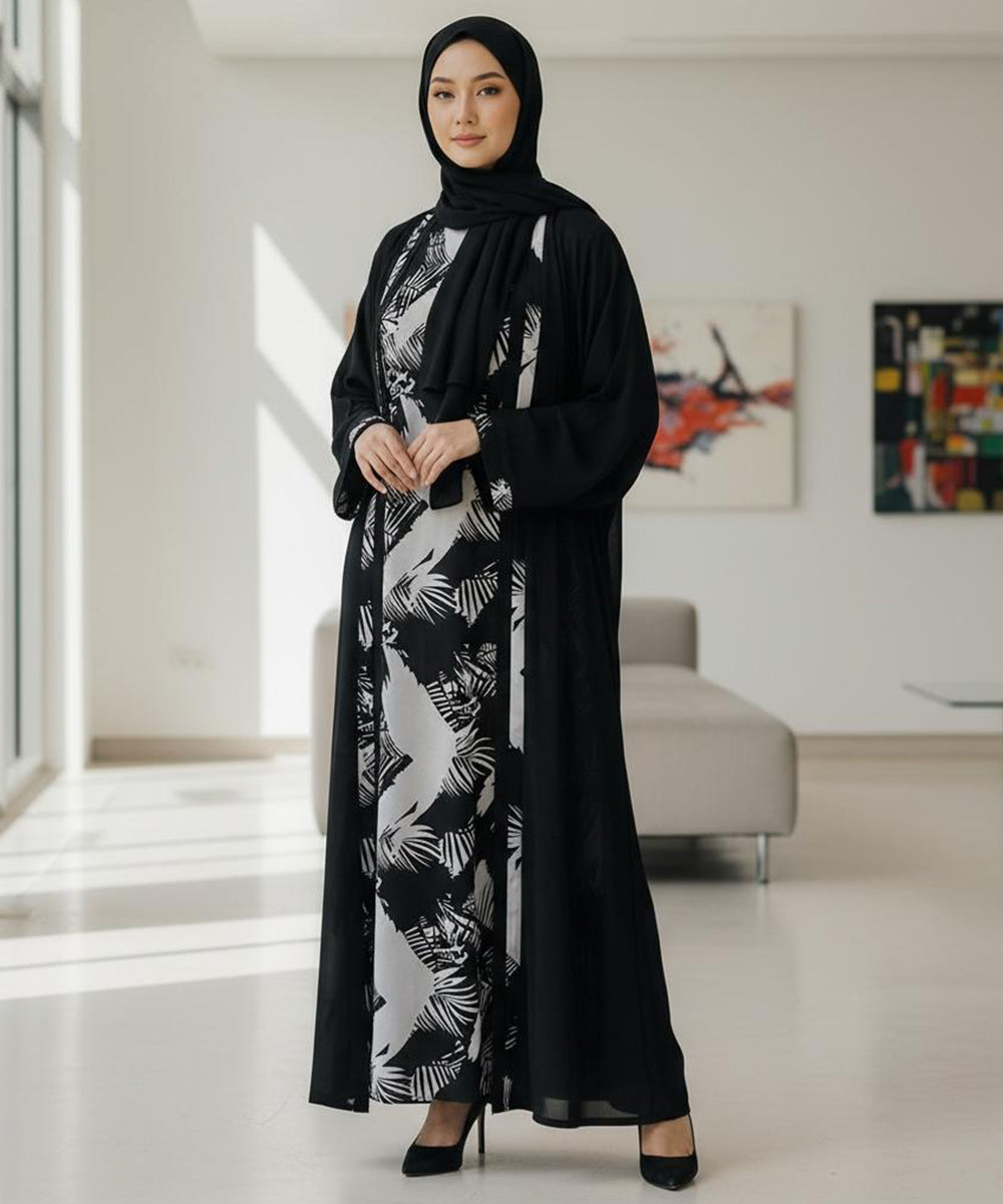 Front Open Printed Inner Abaya With Stoller & Niqab Black