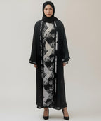 Front Open Printed Inner Abaya With Stoller & Niqab Black