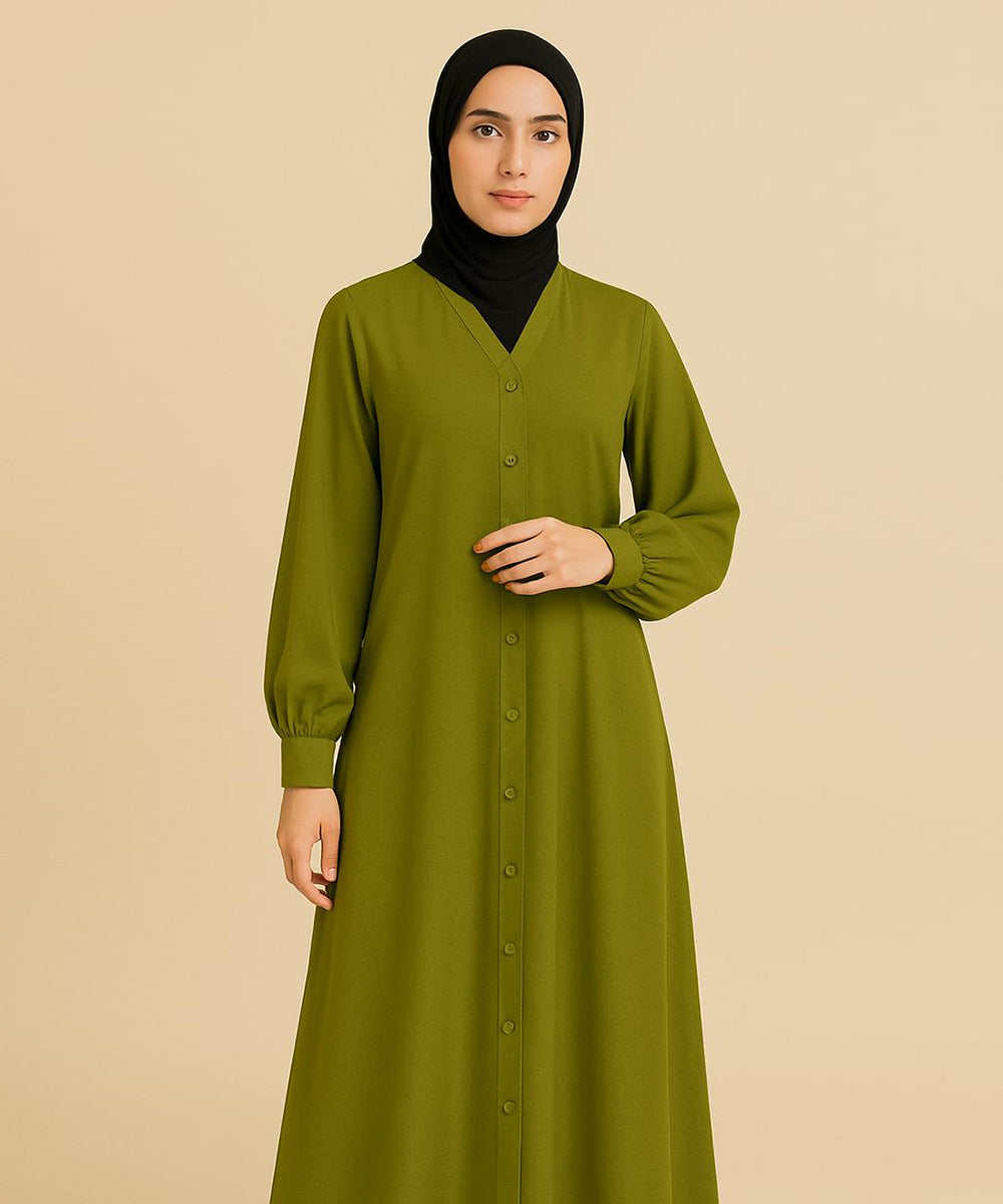 Front Open Puff/Balloon Sleeves w Cuffs Abaya Olive Green