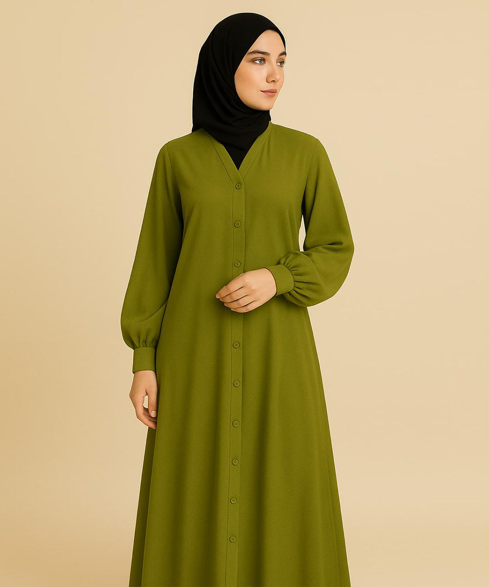 Front Open Puff/Balloon Sleeves w Cuffs Abaya Olive Green