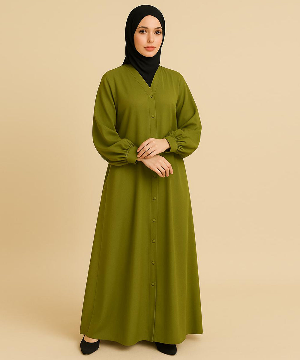 Front Open Puff/Balloon Sleeves w Cuffs Abaya Olive Green
