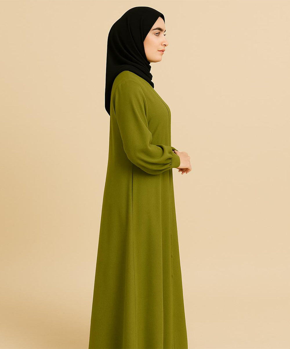 Front Open Puff/Balloon Sleeves w Cuffs Abaya Olive Green
