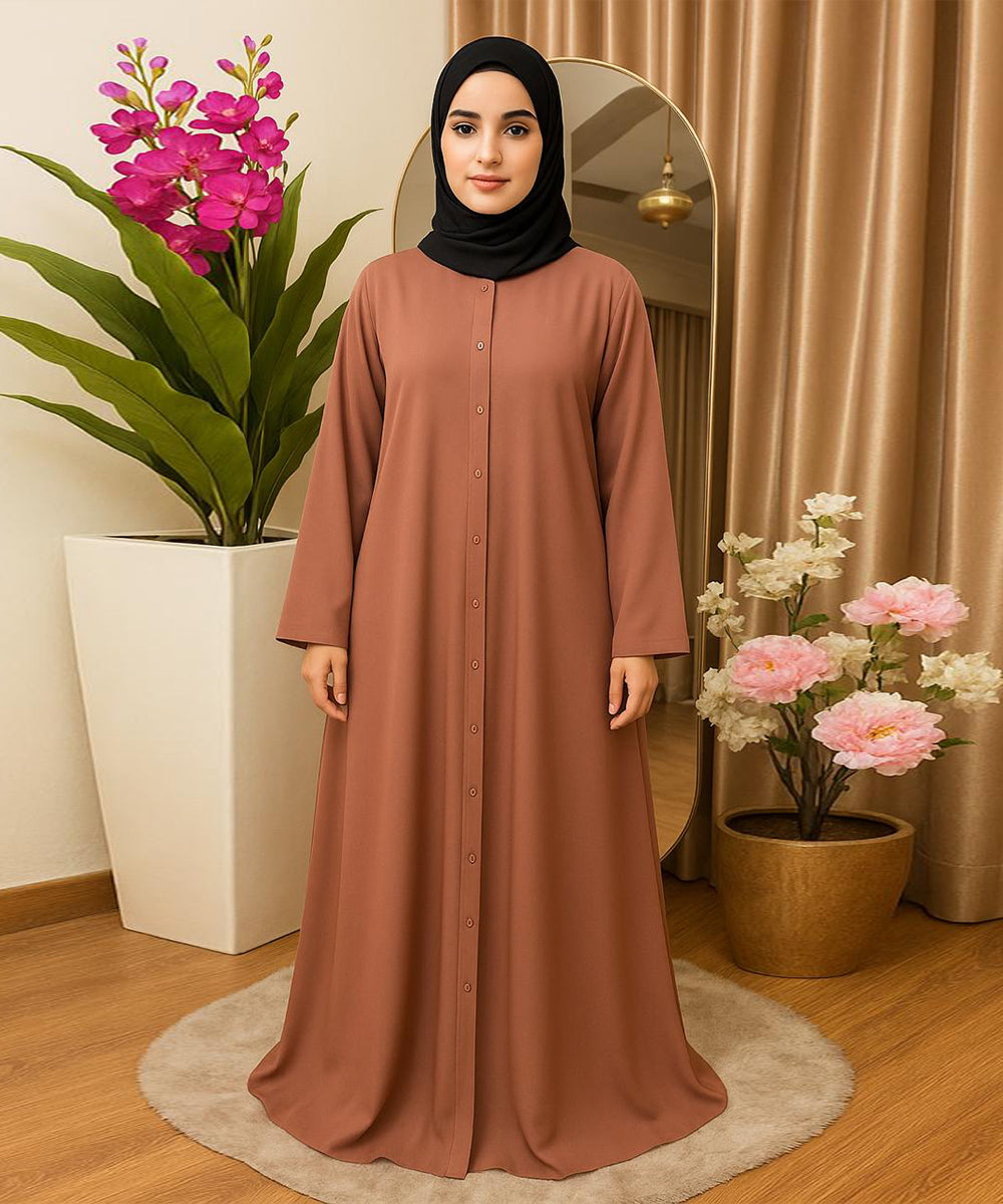 Front Open Straight-Cut Button-Down Abaya Dusty Rose Light Brownish-Pink Shade