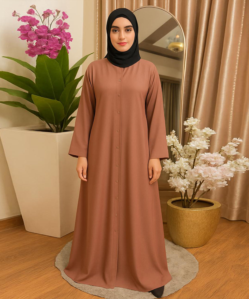 Front Open Straight-Cut Button-Down Abaya Dusty Rose Light Brownish-Pink Shade