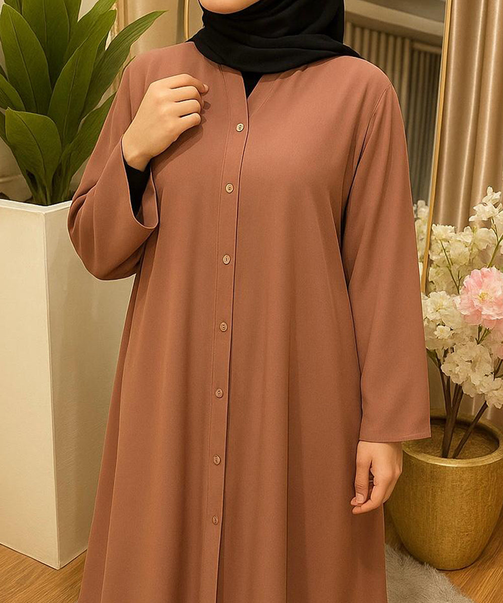 Front Open Straight-Cut Button-Down Abaya Dusty Rose Light Brownish-Pink Shade