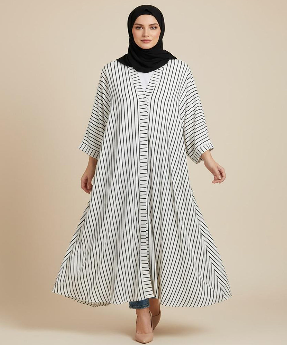 Front Open White Abaya with Fine Black Vertical Stripes for a Modern Look