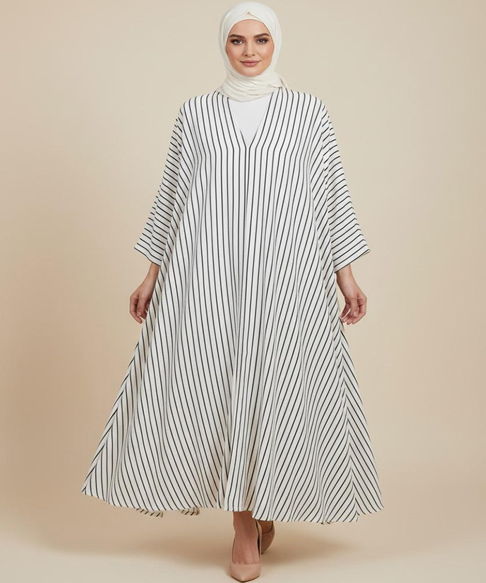 Front Open White Abaya with Fine Black Vertical Stripes for a Modern Look