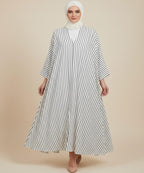 Front Open White Abaya with Fine Black Vertical Stripes for a Modern Look